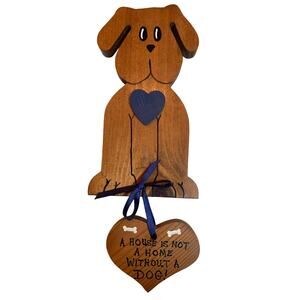 VTG Hand Carved Hand Painted Country Wall Decor Dog Blue Hearts Ribbon